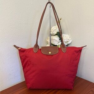 Longchamp Vibrant Red Tote with Tan Accents